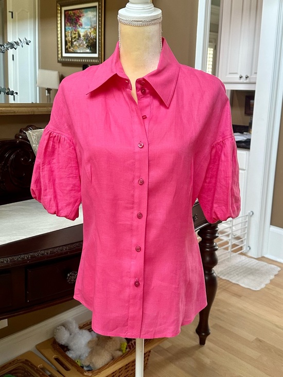 Carlisle Tops - Carlisle Vibrant Pink Puff-Sleeve Button-Down Shirt